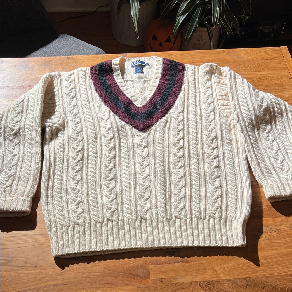 Vintage 80’s polo Ralph Lauren Cable Knit V-Neck Sweater - Cream burgundy black